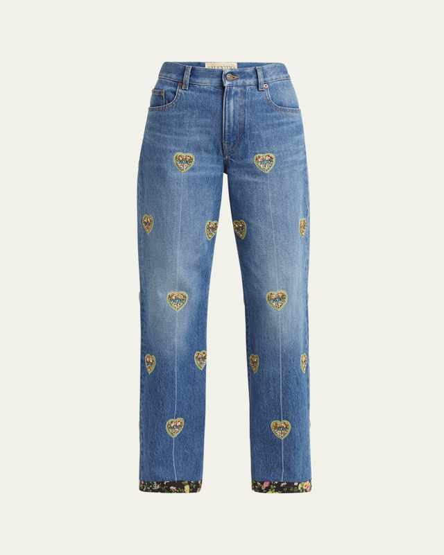 Embroidered Heart Denim Pants with Floral Boarder